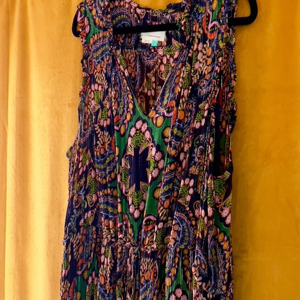 Anthropologie Green Paisley Midi Dress with Navy & Pink Accents